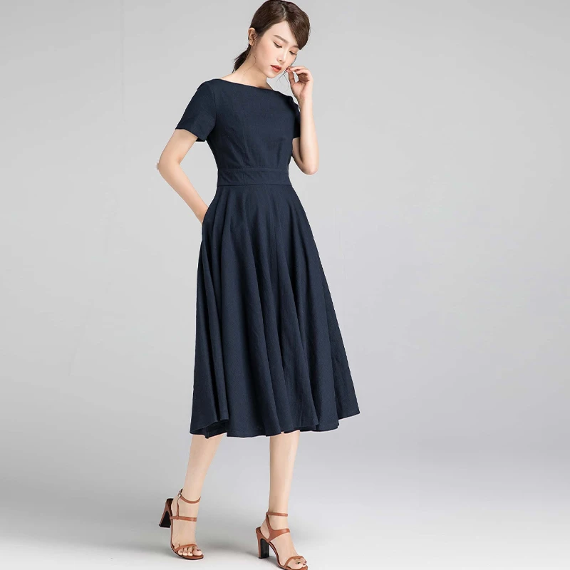 

Cobalt Blue Linen Dress Slim Fit Midi Casual Summer Dress with Pockets Short Sleeve Ladies Dress Full Body Dress