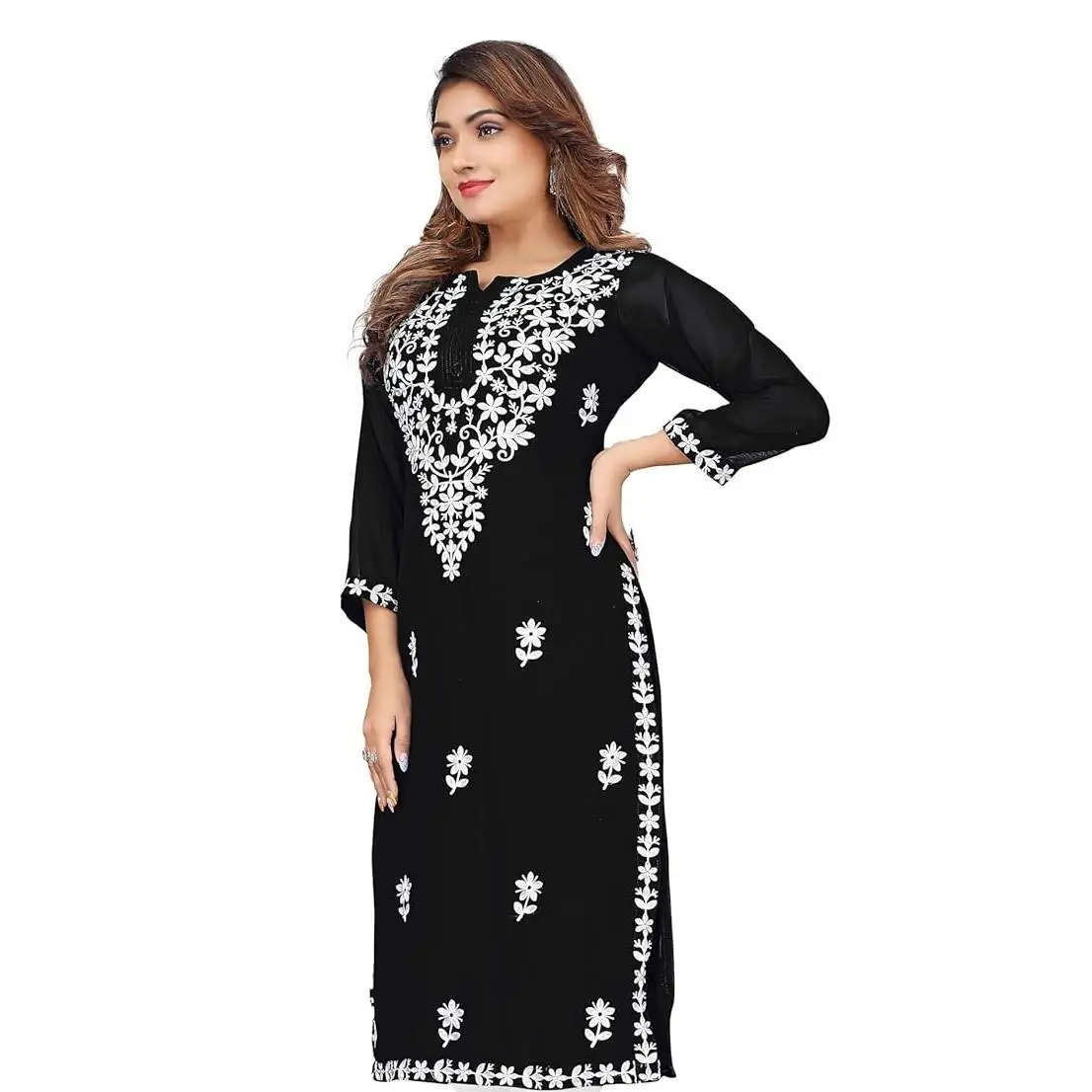 Women's Kurt casual fashion dress long sleeved straight tube casual ethnic flower Mandarin round neck regular size design sense