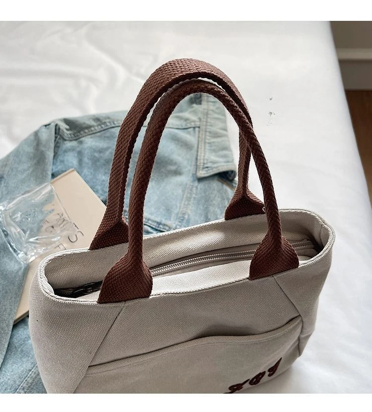 Retro-Canvas-Einkaufstasche zum Pendeln zur Arbeit. Kleine lässige Canvas-Tasche für Damen. Handgehaltene Tragetasche. – Detail 11