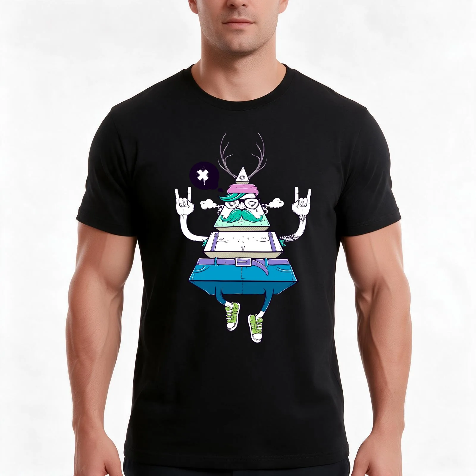 Triangle Hipsta T-Shirt, Summer Casual Cotton Tee, Oversized Streetwear Tops, Vintage Graphic Print, Loose Fit Short Sleeve