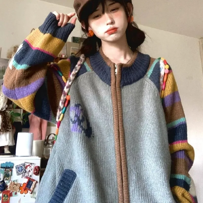 Stile giapponese Kawaii Bear Vintage arcobaleno a righe con cerniera maglione cappotto donna autunno inverno nuovo Cardigan lavorato a maglia giacca