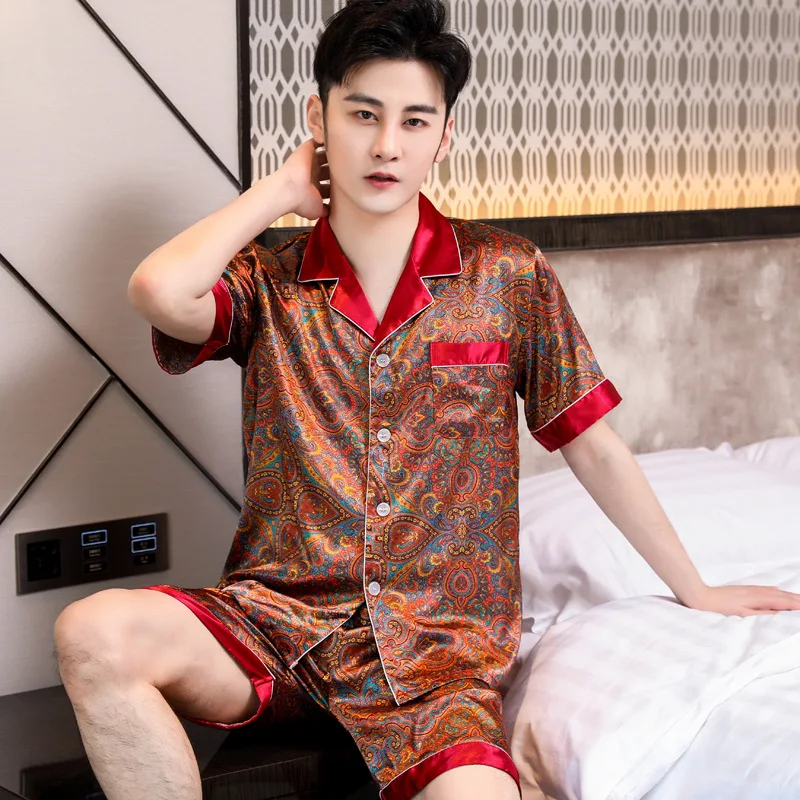 Quality Pajamas Suit Men Spring Summer Fashion Classic Simulated Ice Silk Loungewear Two-piece Set Male Paisley Print Sleepwear