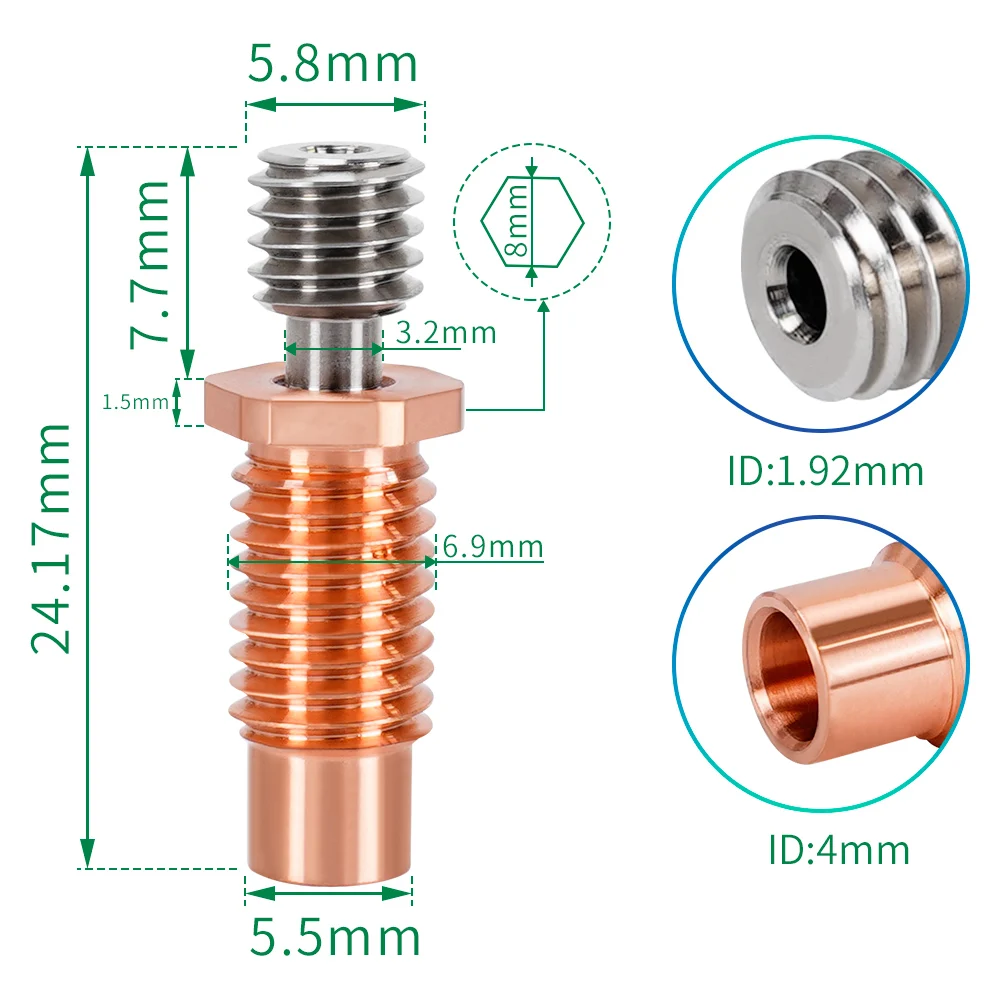 Heat Break liga de titânio para impressora 3D Tubo de chapeamento de cobre da garganta Prusa MK3S, E3D, V6, Voron 2,4, 1,75mm