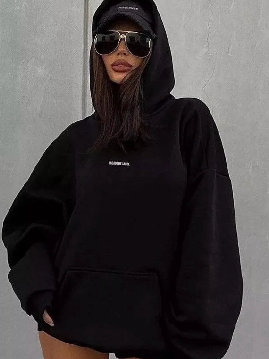 Damska bluza z kapturem Street Sle Loose Fit z nadrukiem liter, wysokiej jakości, codzienna, wygodna, z długim rękawem, średniej długości.