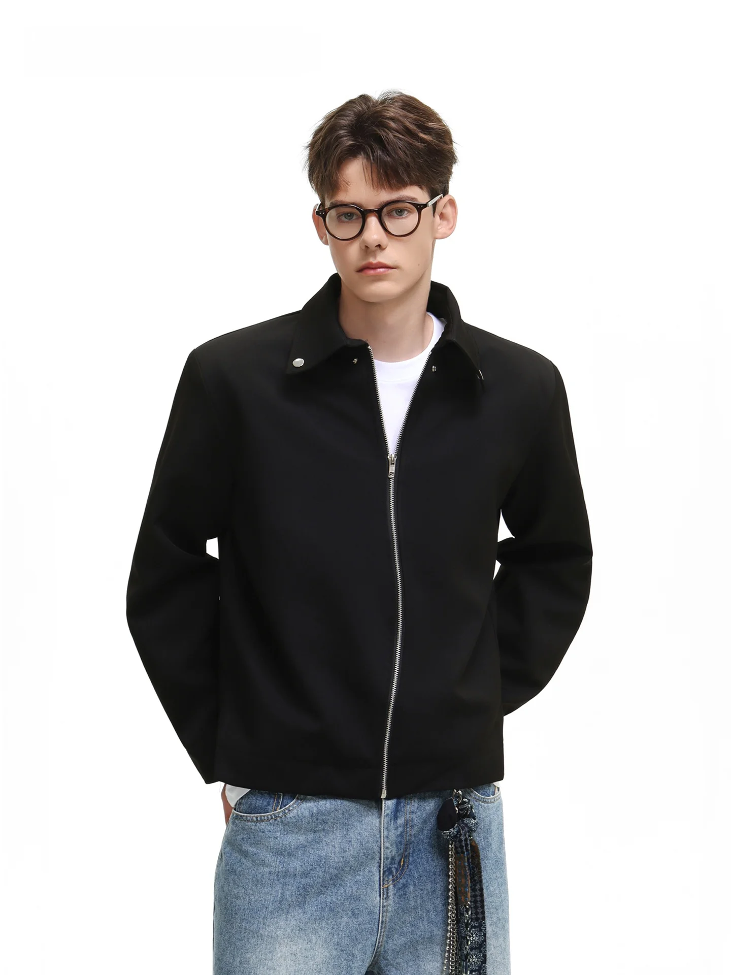 SDMADE American Style Cleanfit Irregular Zipper Collar Men's Boxy Short Jacket Outerwear Polyester Fiber Long Sleeve