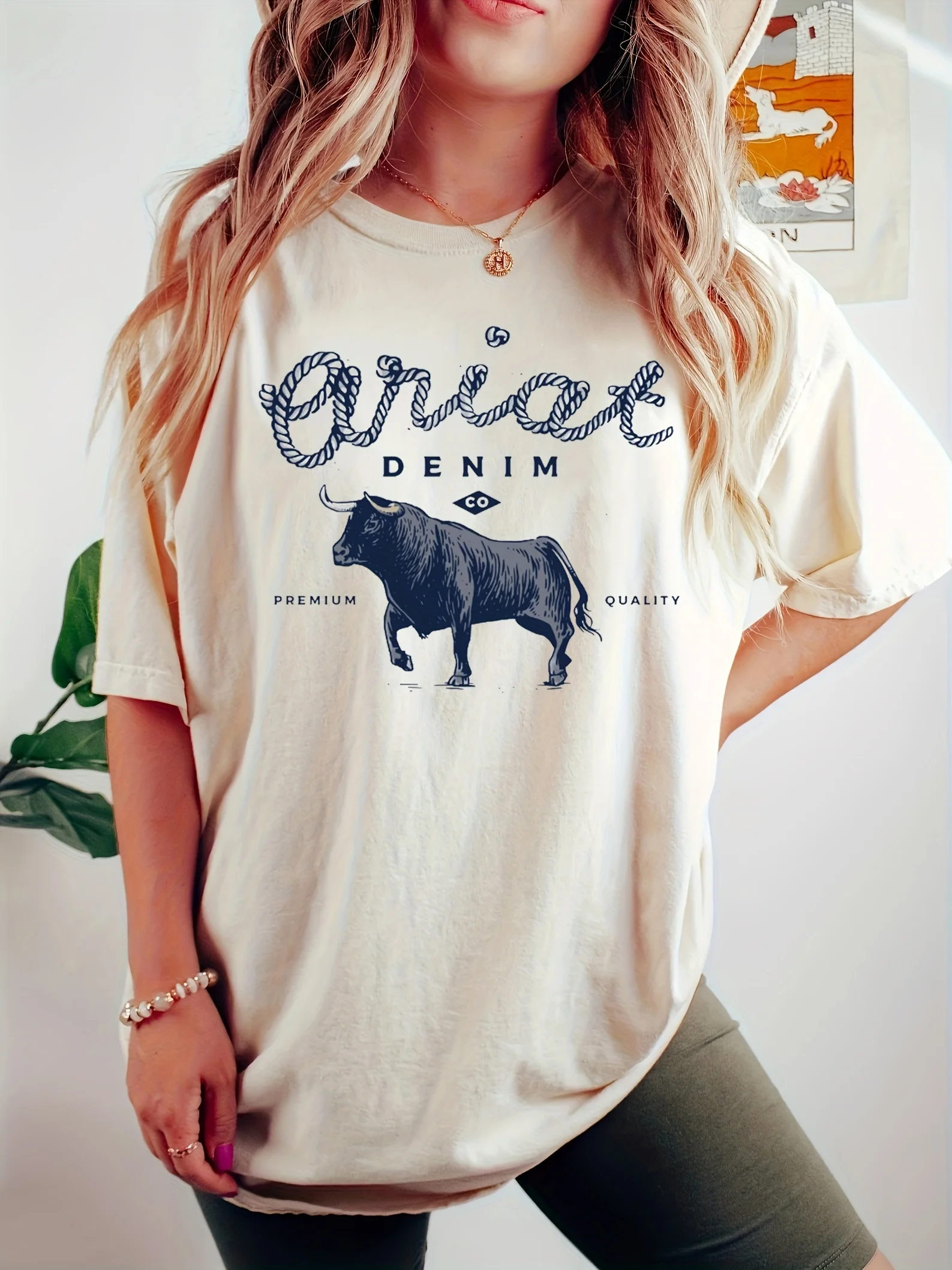 T-shirt girocollo con stampa Bull & Letter 1231, Top Casual a maniche corte per la primavera e l'estate, abbigliamento donna