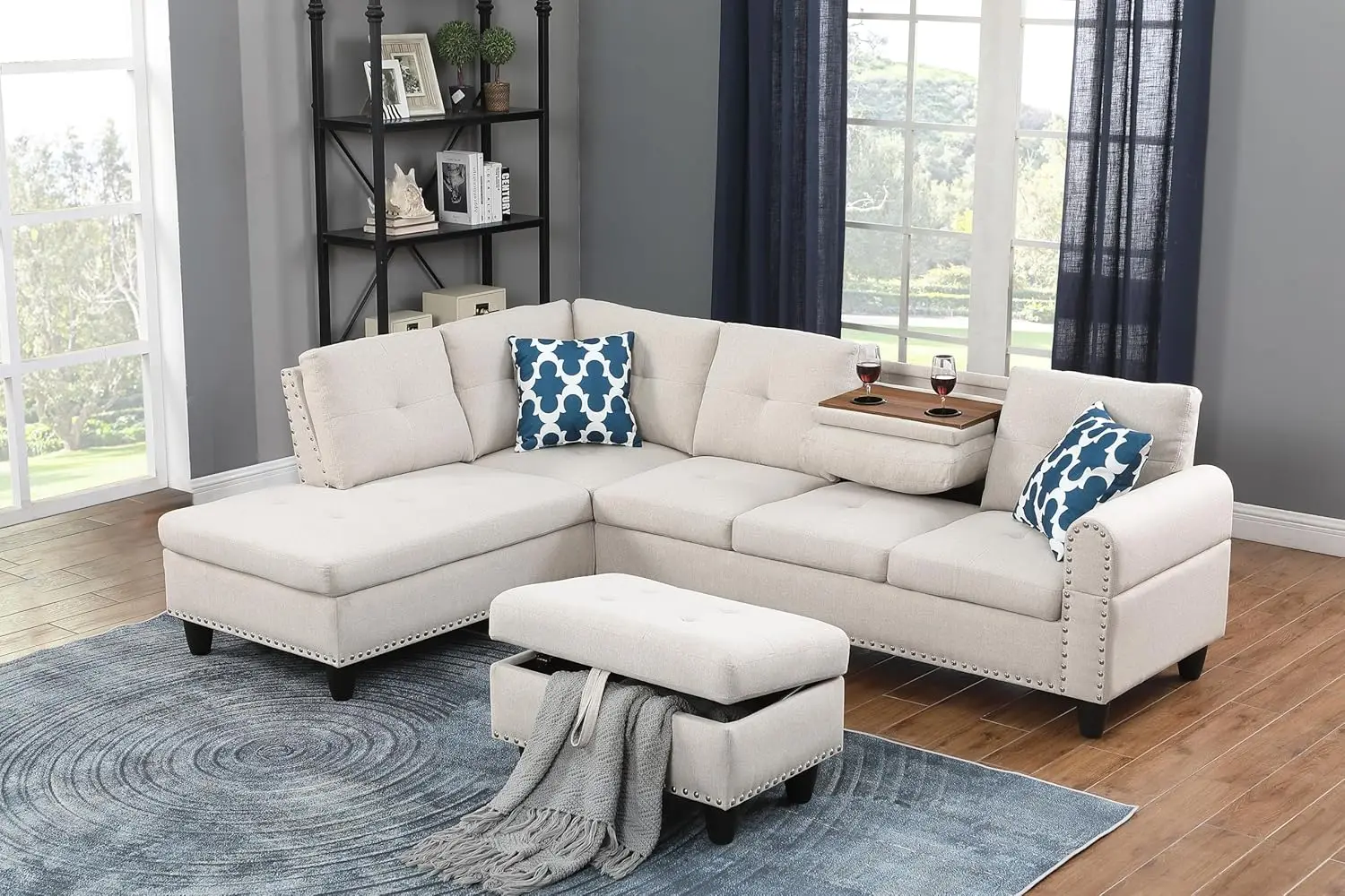 L-Shape Linen Modular Sectional Sofa With Storage Ottoman & Cup Holders, 4-Seater Tufted Upholstered Corner Couch For Living