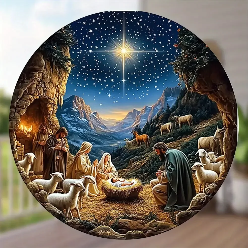 Nativity Scene Birth Of Jesus Round Metal Tin Sign 2D Flat Print Christian Religious Christmas Wall Hanging Sign