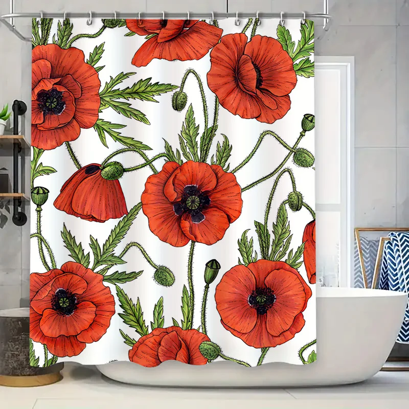 Red Poppy Shower Curtain Bathroom Decor Flower Print Waterproof Washable Modern Shabby Chic Home Decoration 72x84 (White Backgro
