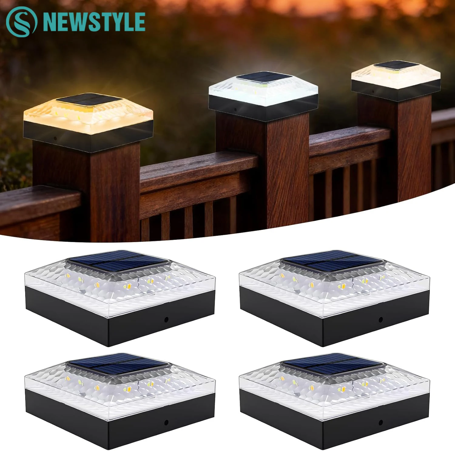 Lampes solaires pour poteaux, 1/4 pièces, étanches IP65, 3 modes de couleur, éclairage pour poteaux en vinyle ou en bois 4x4