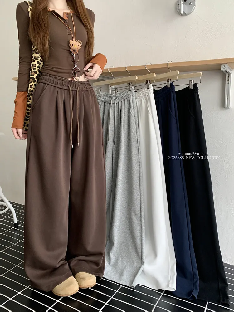 Autumn and winter drawstring elastic high waisted casual wide leg pants for women