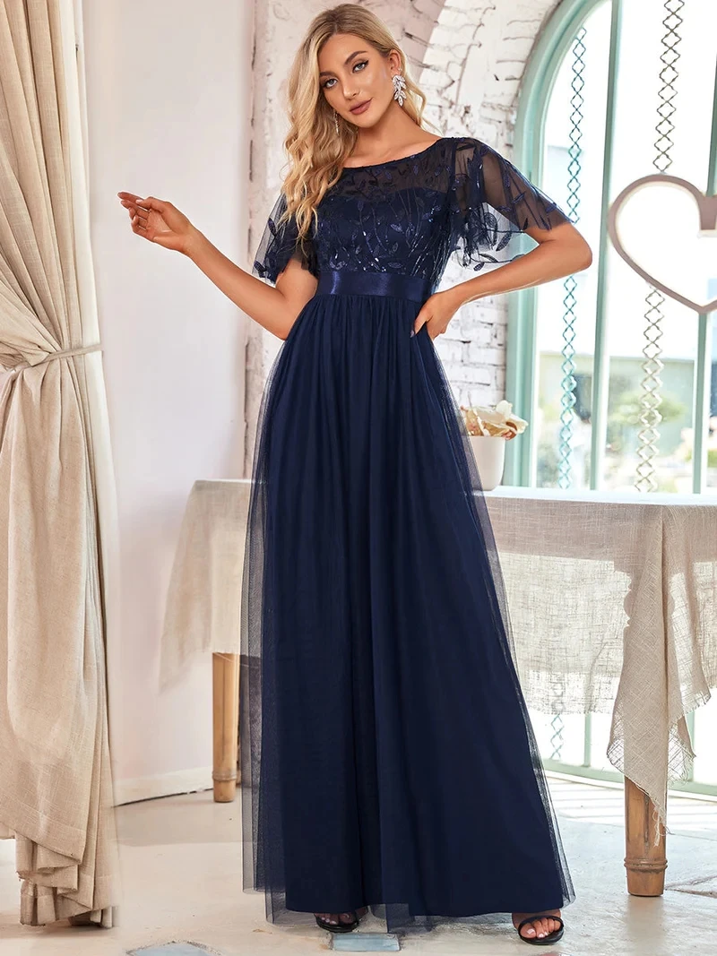 Elegante Abendkleider mit Pailletten-Print, Maxi-Länge, mit Flügelärmeln, A-Linie, Ever Pretty aus Gaze, Burnt Orange Brautjungfernkleid – Detail 7