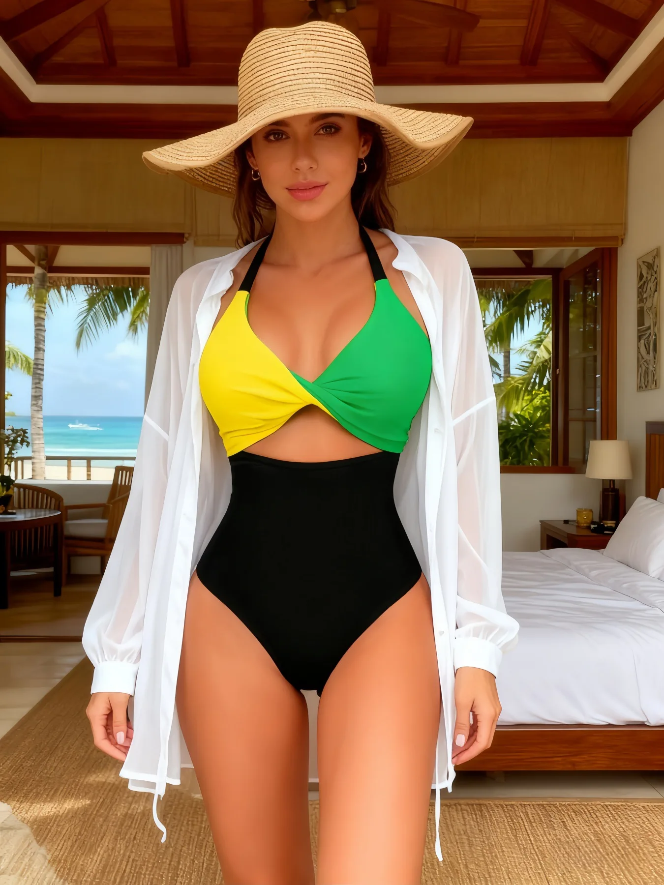 2026 جديد عصري ومثير الألوان المتناقضة عالية الخصر بلون قطعة واحدة ملابس السباحة الإناث الشاطئ ثوب السباحة #5