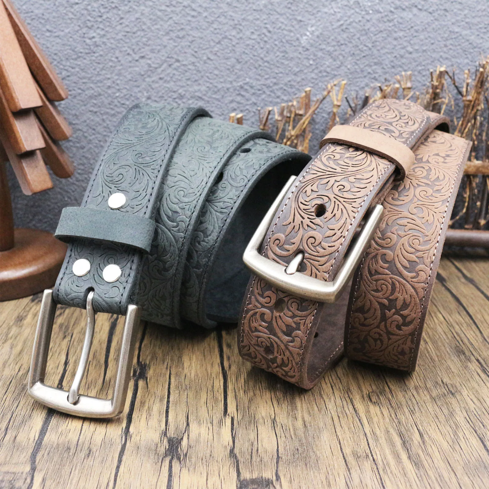 Artisan Hand-Tooled Full Grain Leather Belt, Elegant Western Filigree Scroll Embossing, Distressed Metal, Rodeo & Daily Outfit