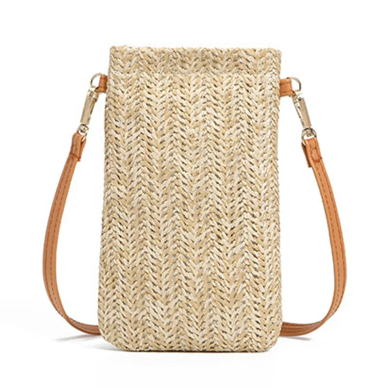 Wallet Women Diagonal Straw Woven Mobile Phone Clutch Bag Ladies Purse Summer Beach Travel Female Mini Purse Card Holder