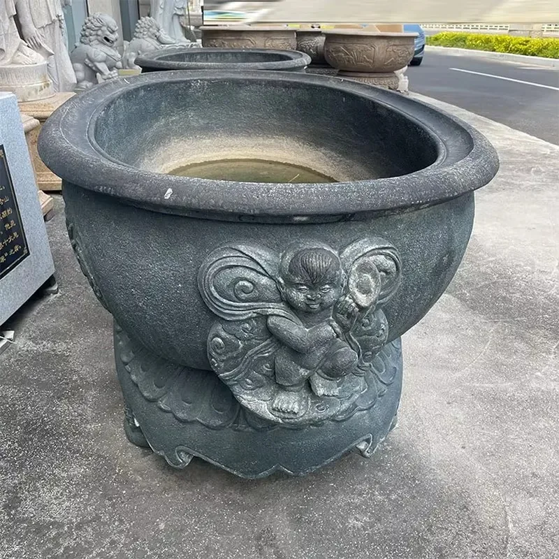 hand-carved antique stone flower pots, stone fish tanks, oval water pots, antique carvings, suitable for garden garden