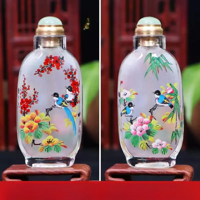 Hand‑painted Inner Painting Snuff Bottle Artificial Crystal Threaded Design Chinese Handicraft Desktop Ornament