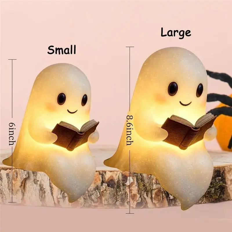 ABSS-Cute Ghost Reading Book Lamp With Book, 3D LED Night Light, Halloween Decor For Bedroom Shelf Party Little Ghost Lamp L