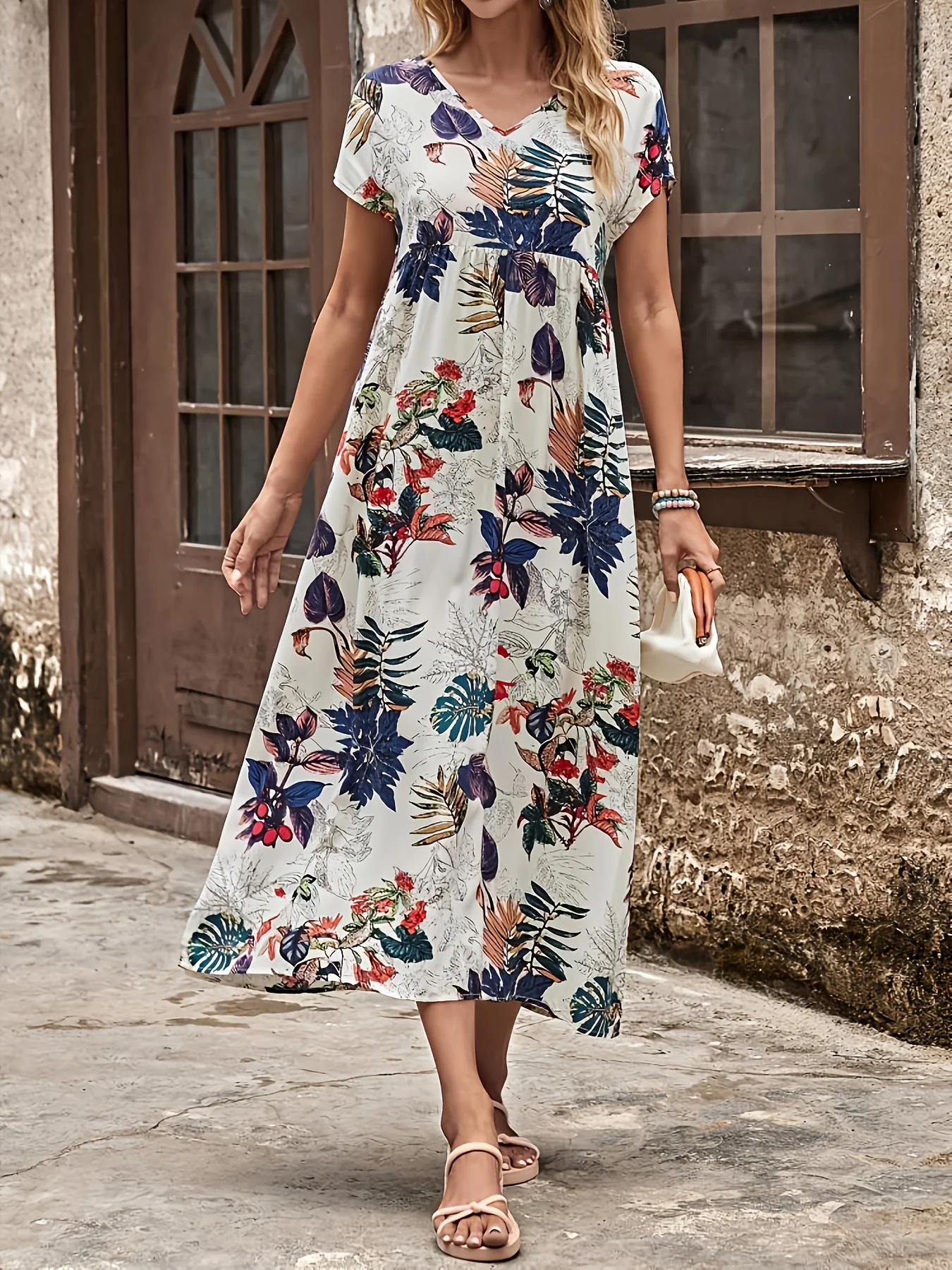 فستان نسائي أنيق فضفاض برقبة دائرية وأكمام قصيرة وطباعة ريترو فستان نسائي طويل كاجوال #4