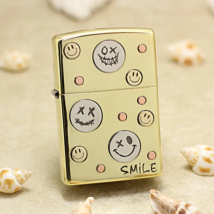 Genuine Zippo oil Gilded stamp smiling face lighter copper windproof cigarette Kerosene lighters Gift anti-counterfeiting code