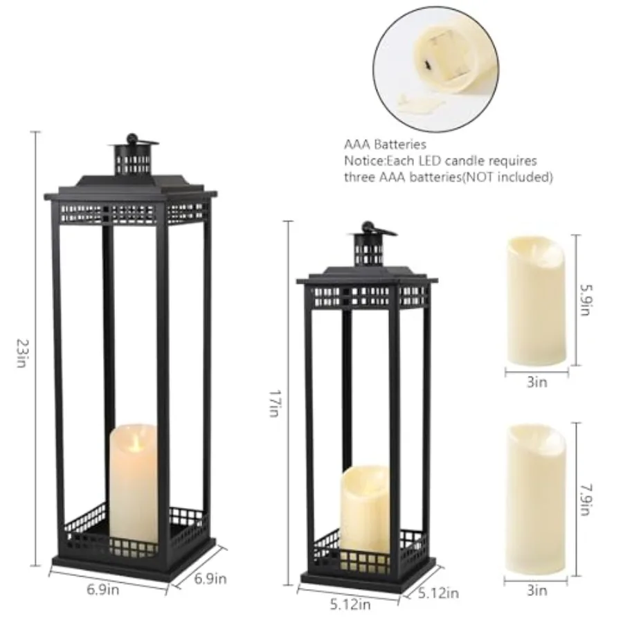 Vintage Lanterns Decorative Outdoor Indoor 23'' 17'' Set of 2 Black Metal Candle Lantern Lantern Decor for Retro Living Room Pa