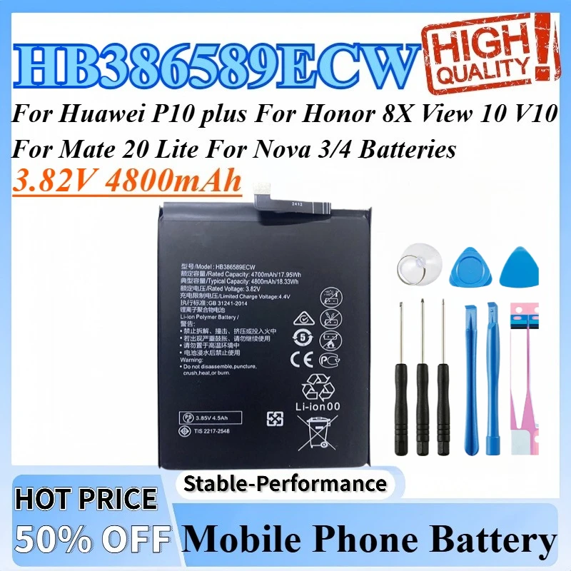 3.82V 4800mAh HB386589ECW Battery For Huawei P10 plus For Honor 8X View 10 V10 For Mate 20 Lite For Nova 3/4 Batteries + Tools