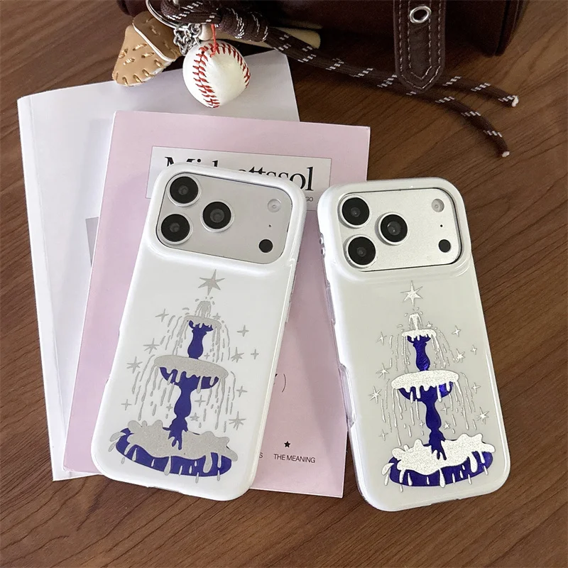 Luxury Silver Glitter Fountain Star Phone Case iPhone 17 16 15 Pro Max Blue White Glossy Soft Shockproof Drop Protective Cover