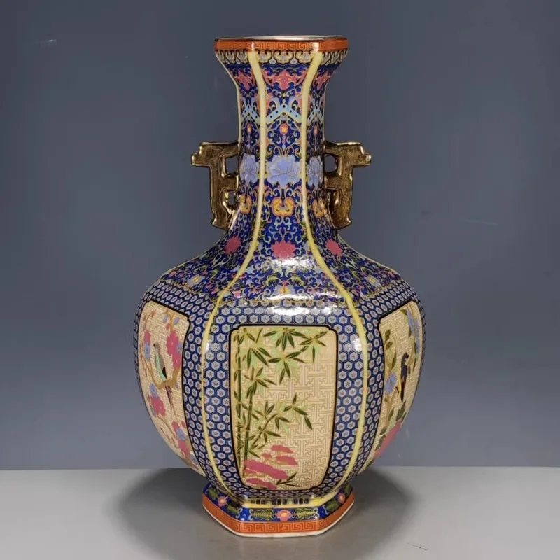 

Yongzheng Enamel Color Flower and Bird Two-Ear Vase Antique Jingdezhen Porcelain Home Chinese Ornaments Handcrafted Vase