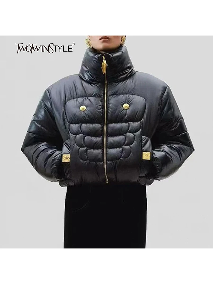 

TWOTWINSTYLE Slimming Spliced Sequined Fashion Parkas for Women High Neck Long Sleeves Casual Short Parka Female Clothing New