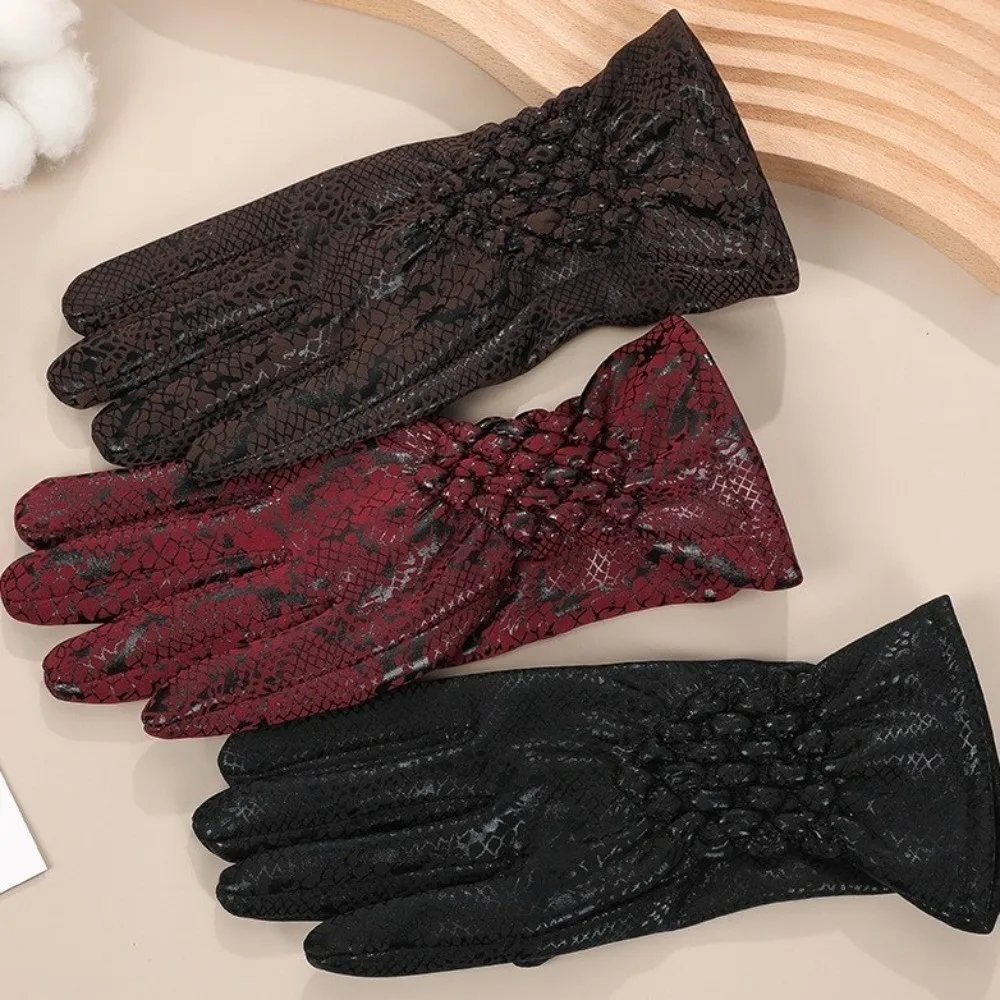 Personality Faux Leather Full Finger Gloves Waterproof Snake Skin Patterned Winter Gloves Thick Warm Ski Gloves Outdoor