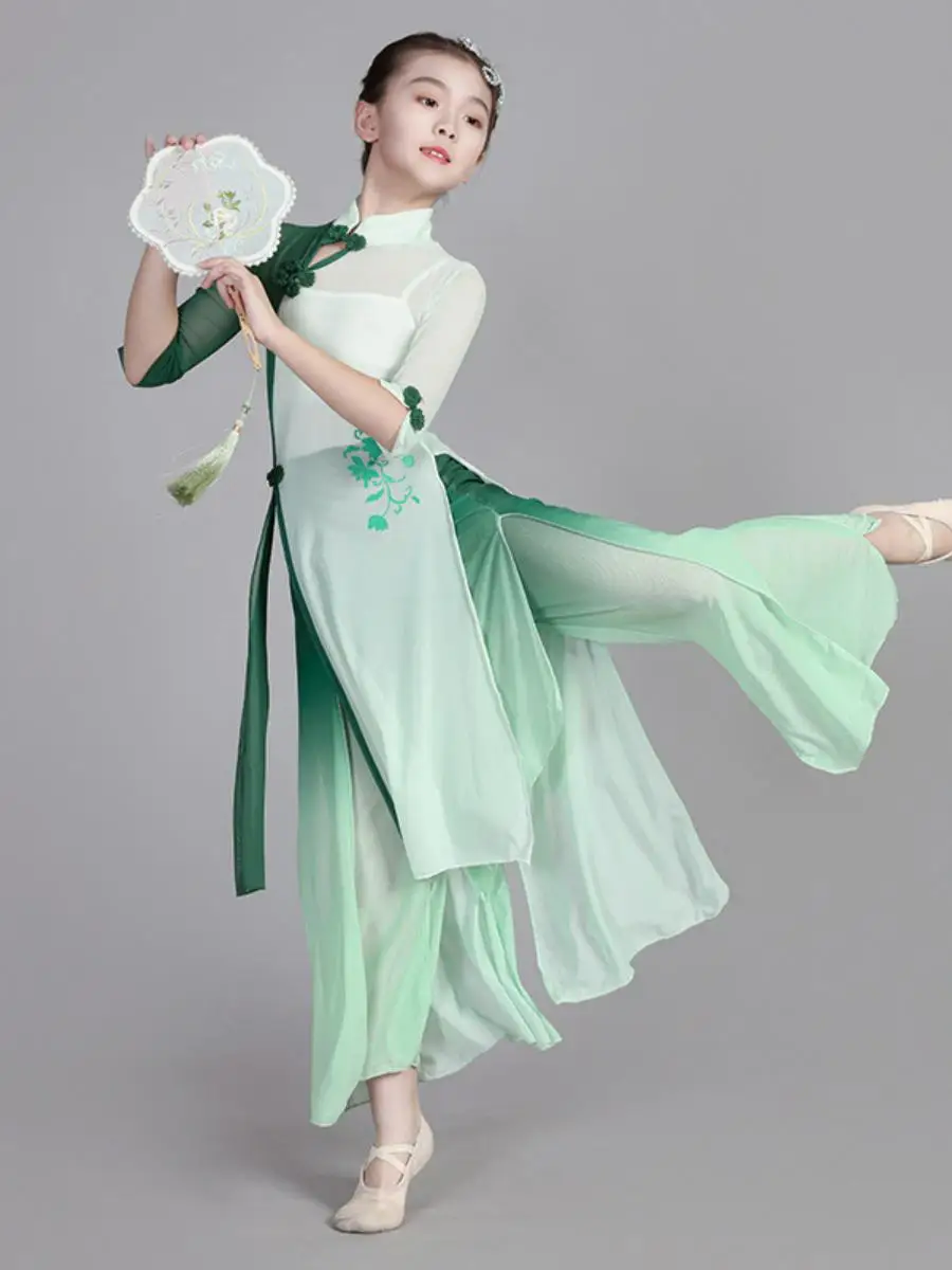 

Костюм для классического танца женский и детский, этнический танцевальный костюм для тренировок, костюм для выступлений с веерами, из молочного шелка