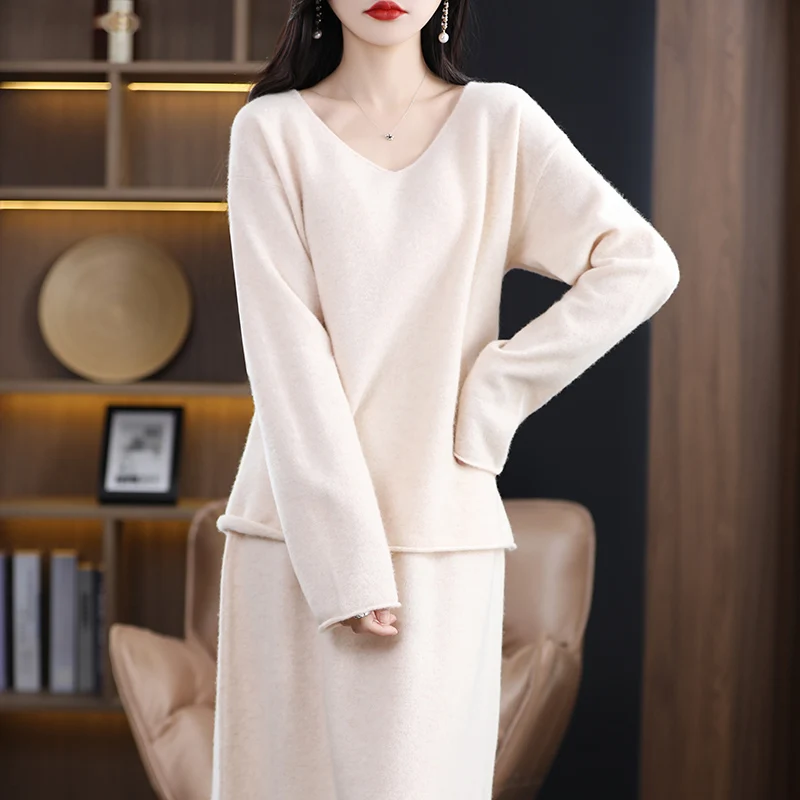 100% pure wool cashmere sweater women's V-neck loose top fashion knit high waist long skirt two-piece suit hip dress