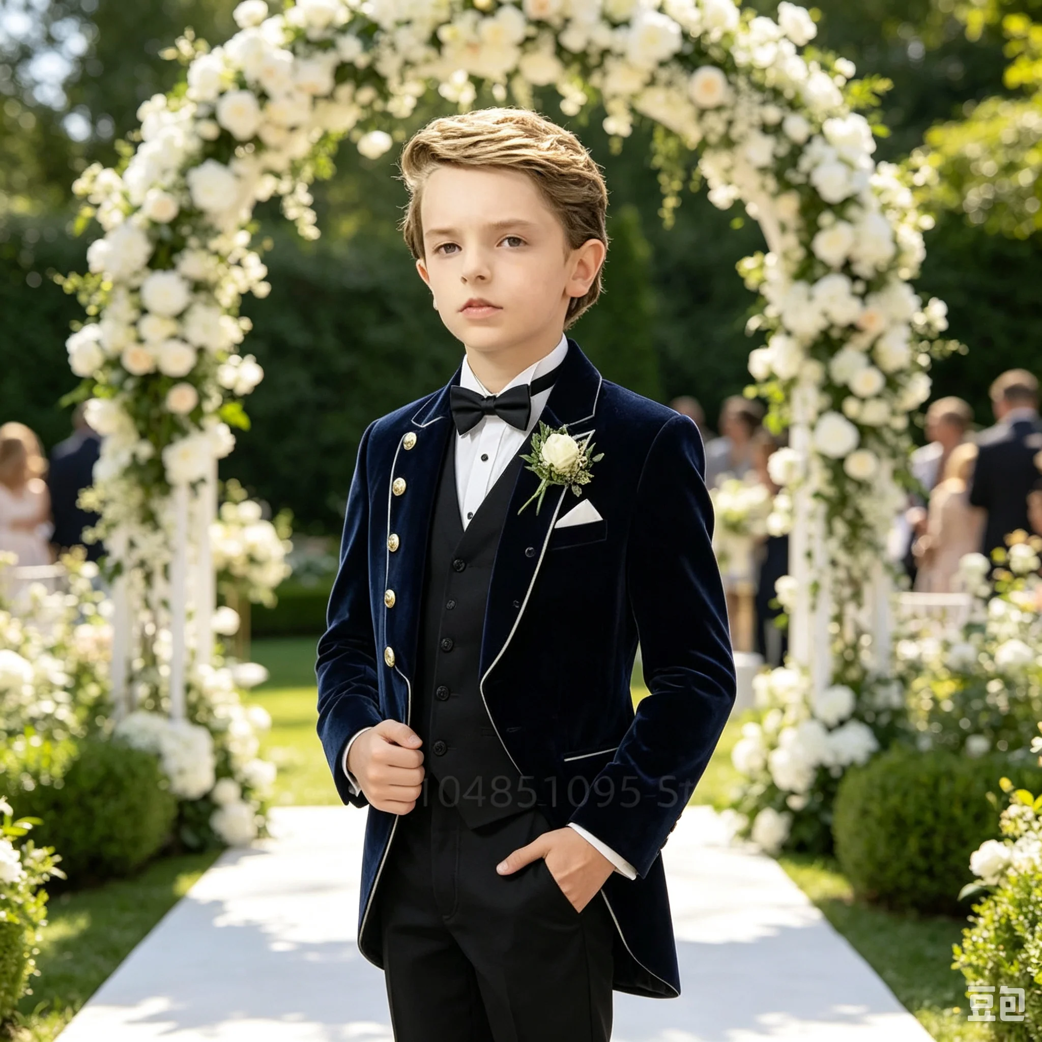 3 Piece Navy Blue Velvet Boys Suits Formal Blazer Vest Pants for Party Kids Tailcoat Elegant Performance Clothes Children Tuxedo