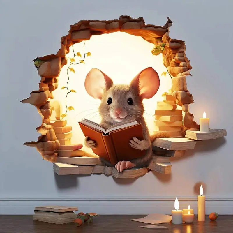 M736 Mouse Hole Wall Sticker, Mouse Book Lover\'s Vinyl Decal, Mouse Reading Decor, Cute Mouse in a Hole, Mouse Sticker