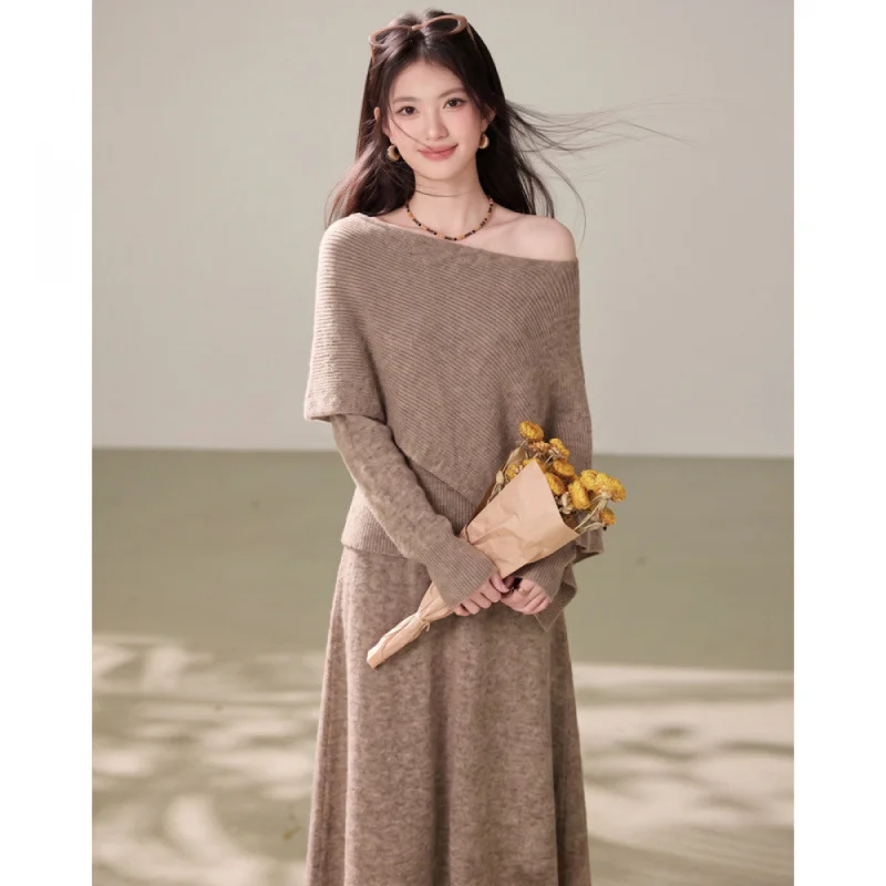 QICHE Women Clothing 2026 Lazy Style Knit Top & Midi Skirt 2 Piece Set, High Grade Outfit Female Clothes