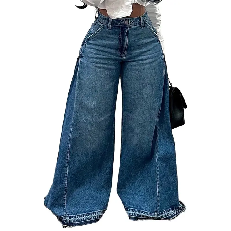 Damskie spodnie jeansowe typu bell bottom, z wysokim stanem, elastyczne, z szerokimi nogawkami, luźne, rozszerzane, plisowane, w stylu vintage, casualowe, z denimu.