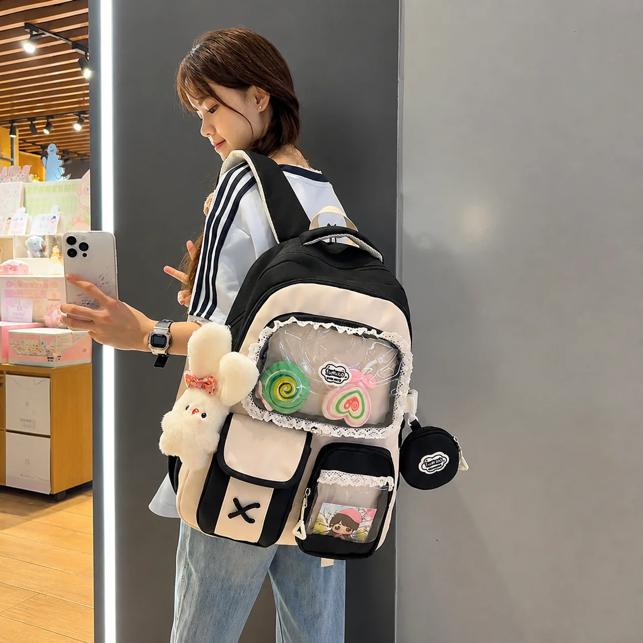Multi Compartment Backpack Sweet Color Block Backpack School Bag Multi Compartment Bookbag For High School Students Textbooks