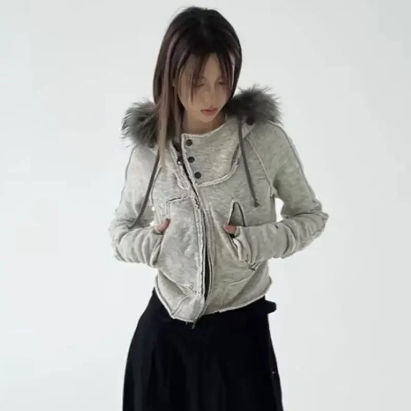 Trend Original Plush Zipper Cardigan Retro Street Niche Big Hat Coat Leisure Splicing Hooded Women In Autumn And Winter Hoodie