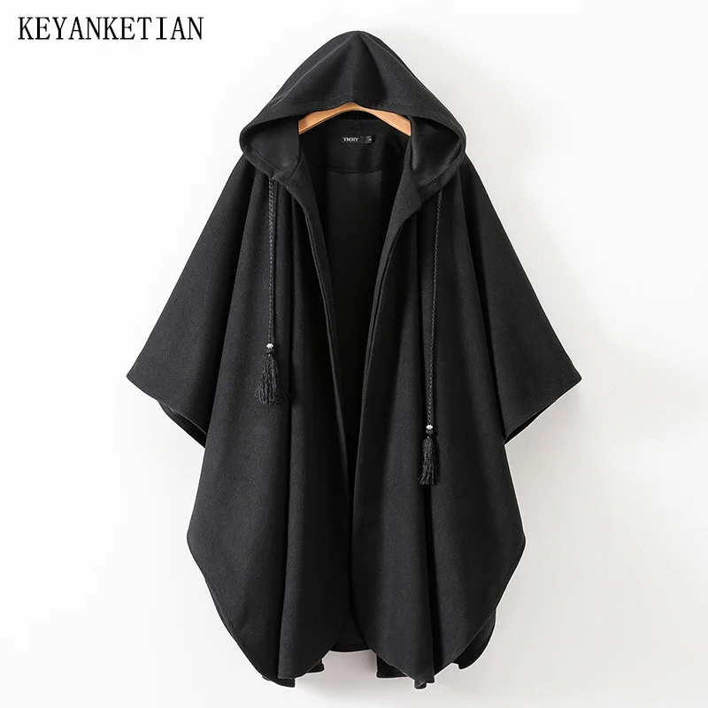 KEYANKETIAN Autumn/Winter New Women Black Woolen Cape Original Design Tassel Decoration Batwing Sleeve Loose Gothic Hooded Coat