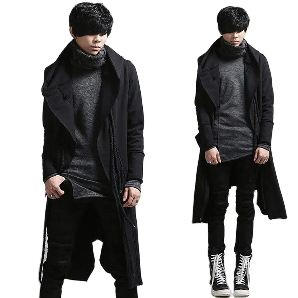 Men Punk Hip Hop Slim Fit Long Trench Coat Hooded Cloak Cardigan Mens Linen Rope Design Gothic Jackets Outerwear Autumn Winter