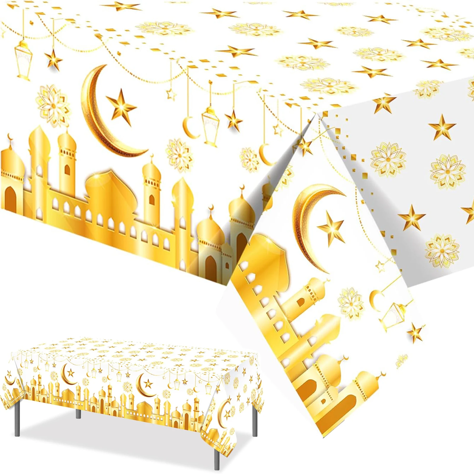 Eid Mubarak Table Cover Gold Moon Star Mosque Themed Plastic Tablecloth for Muslim Ramadan Party Decoration Family Gathering