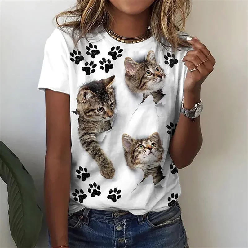 

Cat 3D Printed T-shirt Women's Top Round Collar Harajuku Kawaii Casual Large Short Sleeve Summer Breathable Short Sleeve Clothin