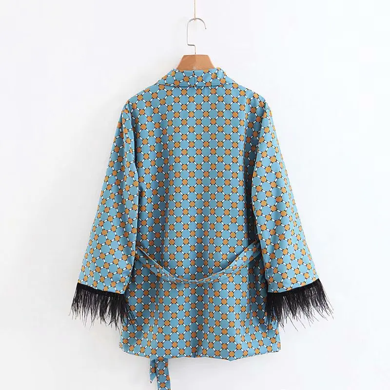 Women Set Spring Fashion Blue Printed Kimono Jacket With Feather Sleeves Wide Leg Pants Two Piece Vintage Elegant Ladies Suits