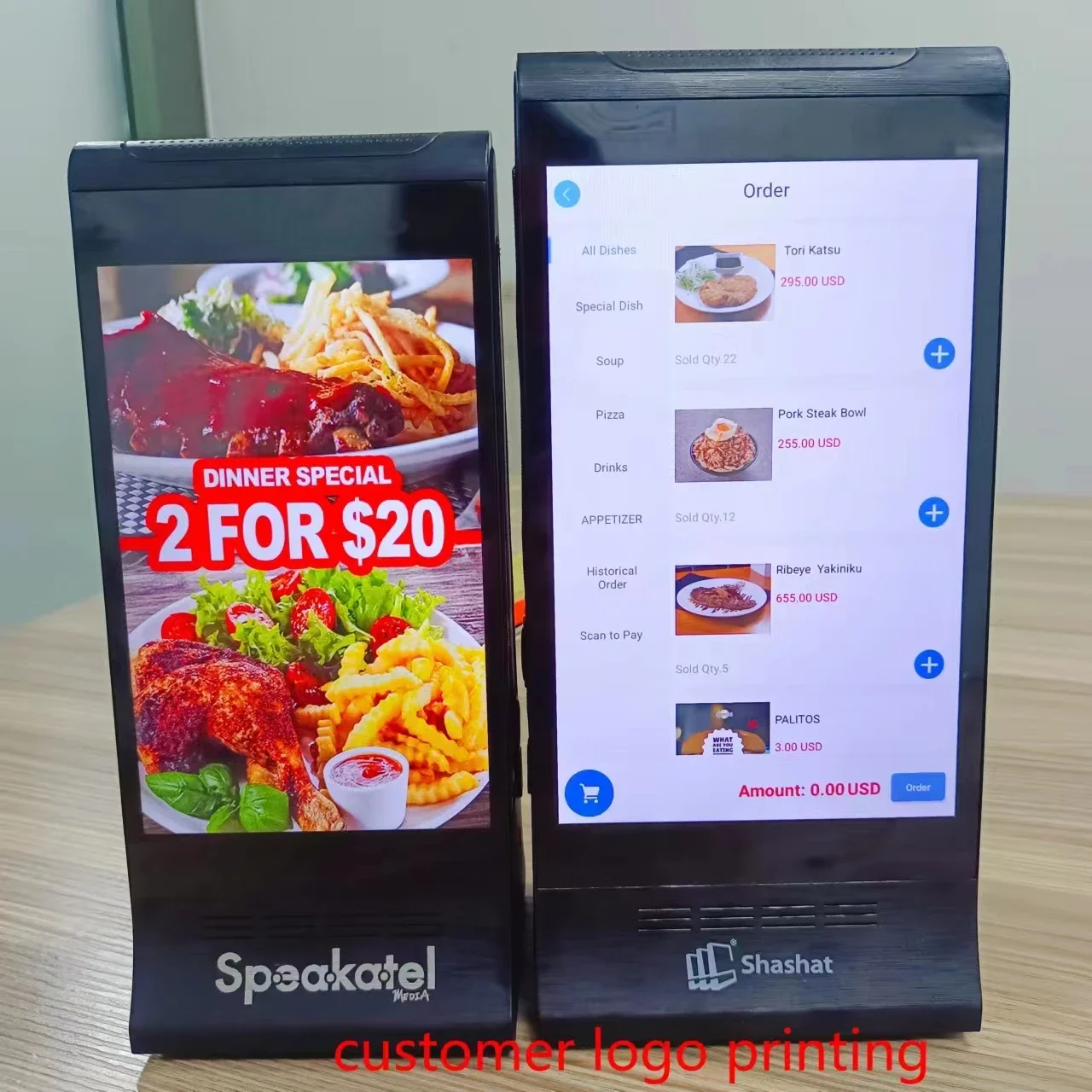 WeADS dual 8 inch touch lcd advertising player cell phone charging table advertising restaurant menu power bank