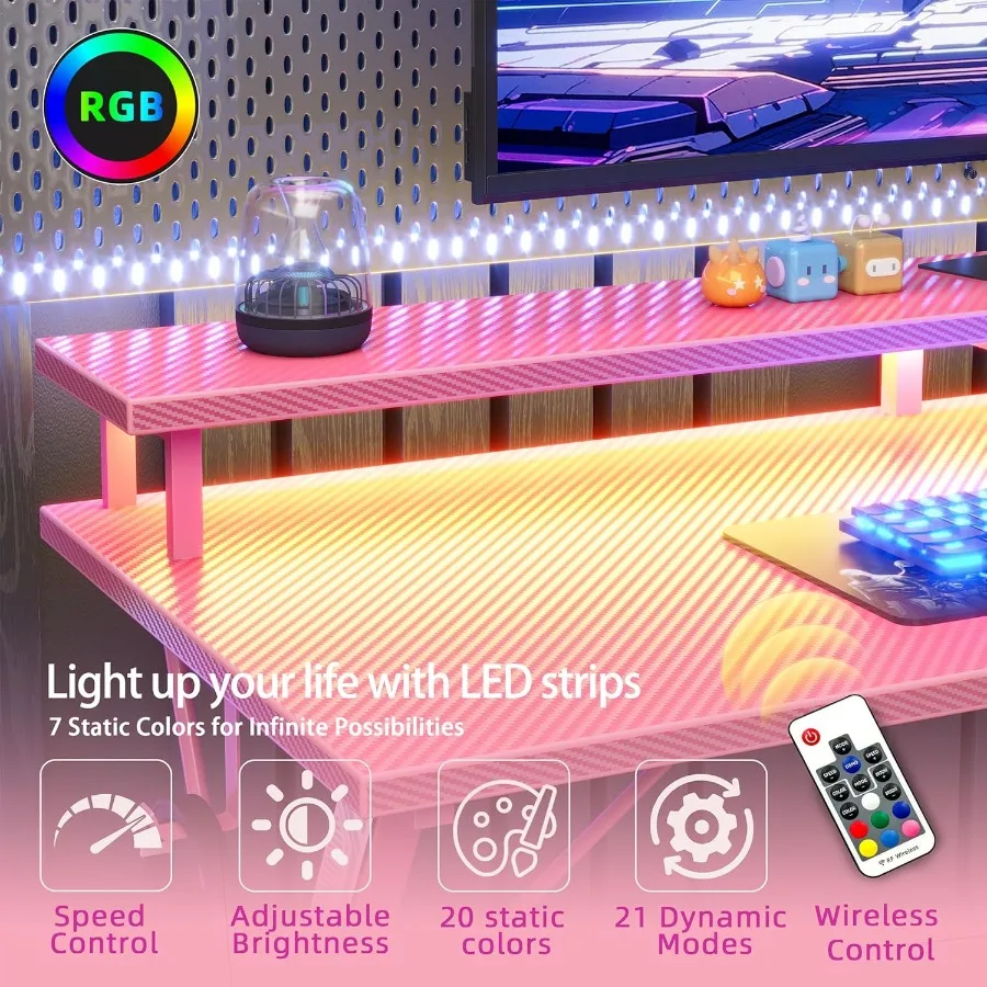 مكتب ألعاب مع منافذ طاقة LED 40 بوصة كمبيوتر مريح من ألياف الكربون سطح ألعاب مكتب شاشة كبيرة حامل سماعة الرأس هوو #3