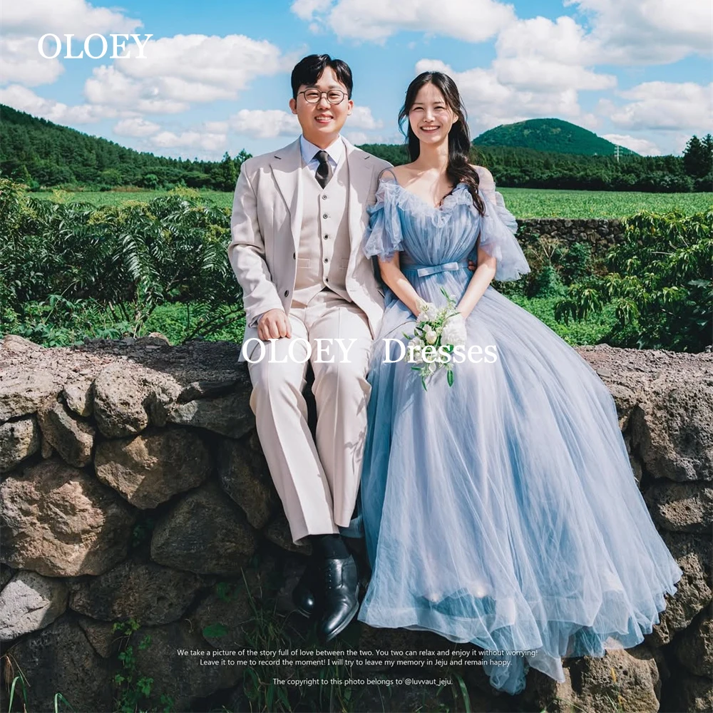 

OLOEY 2025 Blue A Line Prom Dresses Korea Photoshoot Garden Pleats Tulle Wedding Party Gown Floor Length Off Shoulder Customized