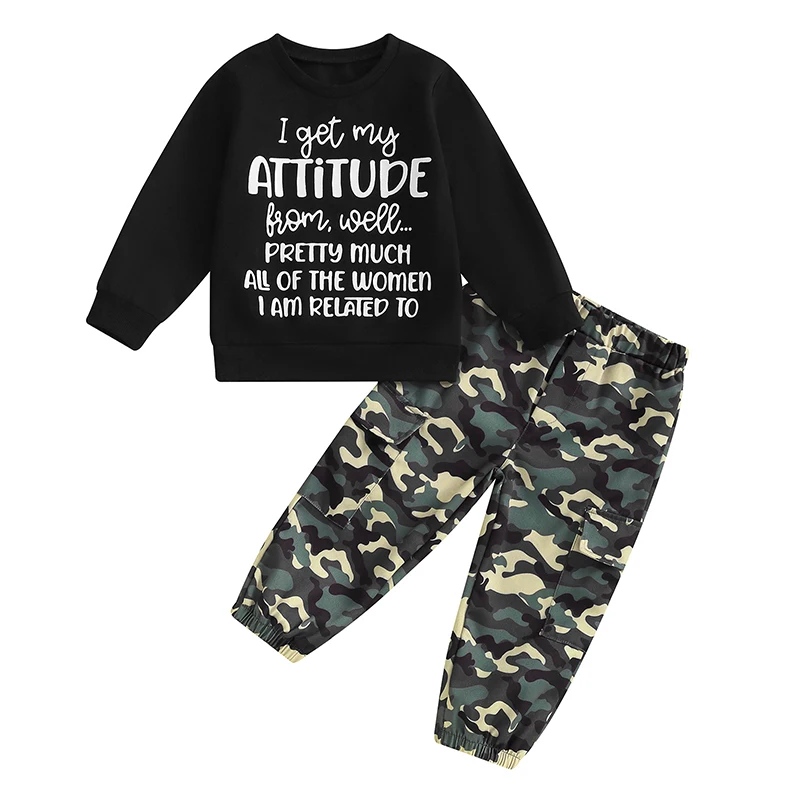 wdehow Toddler Kids Baby Boy Fall Outfits 1T 2T 3T 4T 5T Letter Print Long Sleeve Tops Camouflage Pants Winter Clothes Sets