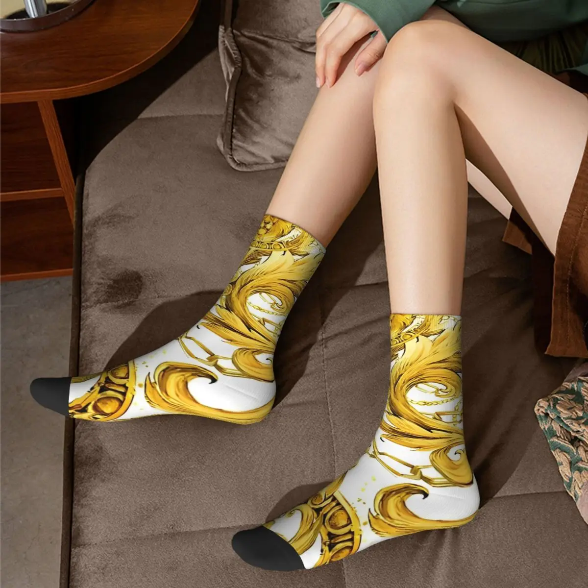 Calcetines de lujo con estampado de flores de León dorado, medias de ocio barrocas, calcetines medianos suaves para montar en monopatín, calcetines antideslizantes de invierno