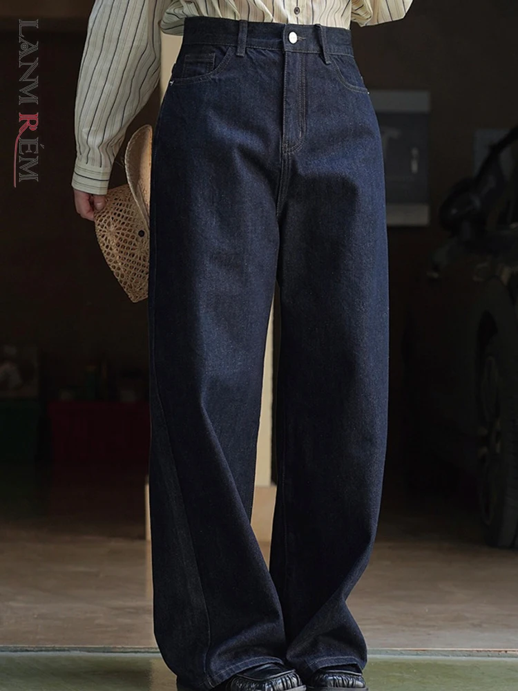 [LANMREM] High Waist Vintage Jeans Women's Dark Blue Wide Leg Pants Straight Loose Streetwear Trousers 2024 Spring New 26D1227