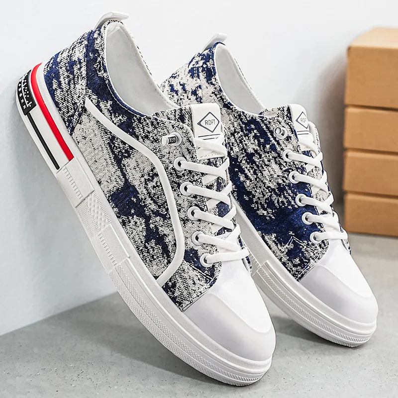 Mens Casual Canvas Shoes, Printed Low Top Lace‑up Skate Sneakers, Lightweight Breathable Wear‑Resistant Non‑Slip Daily Footwear view 3